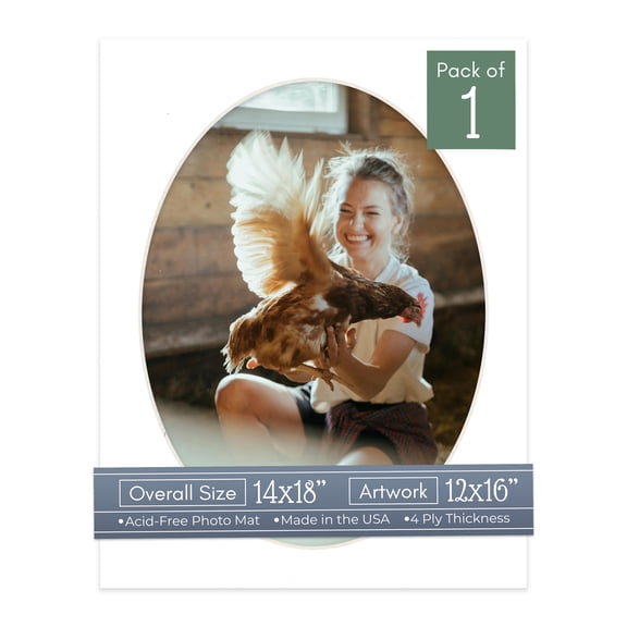 White Picture Frame Mat for 14x18 Frames - Oval Opening for 12x16 Photos - 1 Mat