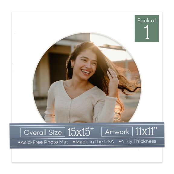 White Picture Frame Mat for 15x15 Frames - Circle Opening for 11x11 Photos - 1 Mat