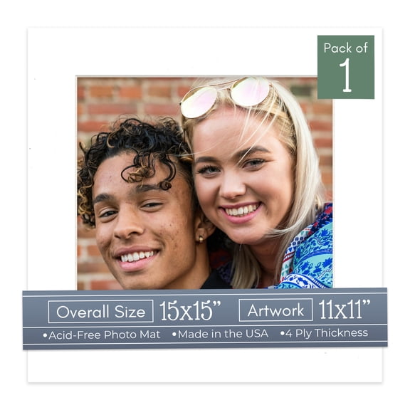 White Picture Frame Mat for 15x15 Frames - Fits 11x11 Photos - 1 Mat