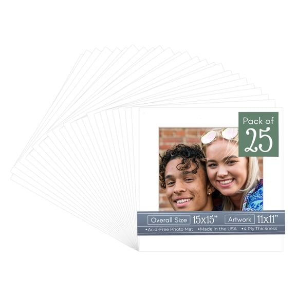 White Picture Frame Mat for 15x15 Frames - Fits 11x11 Photos - 25 Mats