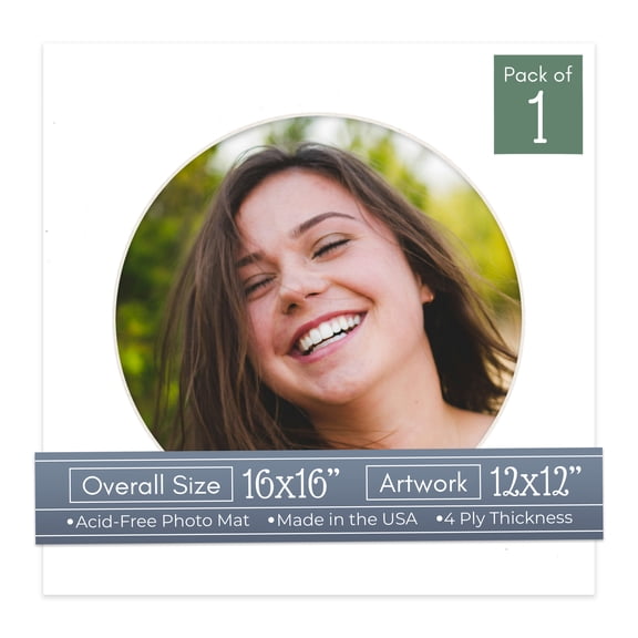 White Picture Frame Mat for 16x16 Frames - Circle Opening for 12x12 Photos - 1 Mat