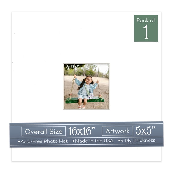White Picture Frame Mat for 16x16 Frames - Fits 5x5 Photos - 1 Mat