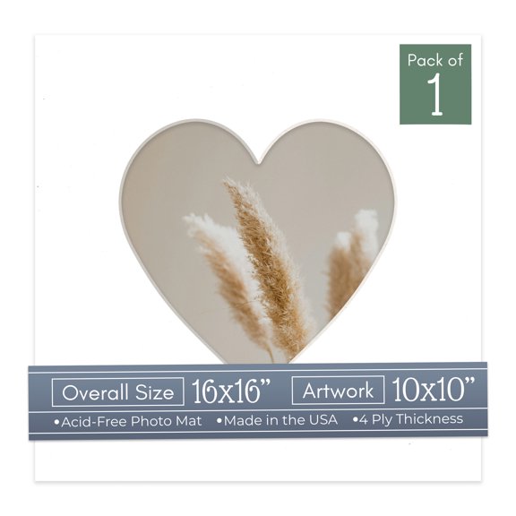 White Picture Frame Mat for 16x16 Frames - Heart Opening for 10x10 Photos - 1 Mat