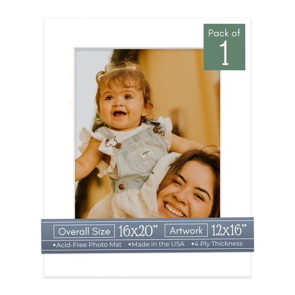 White Picture Frame Mat for 16x20 Frames - Fits 12x16 Photos - 1 Mat
