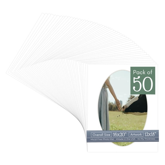 White Picture Frame Mat for 16x20 Frames - Oval Opening for 12x18 Photos - 50 Mats