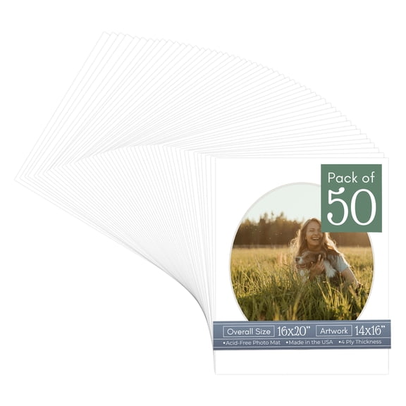 White Picture Frame Mat for 16x20 Frames - Oval Opening for 14x16 Photos - 50 Mats