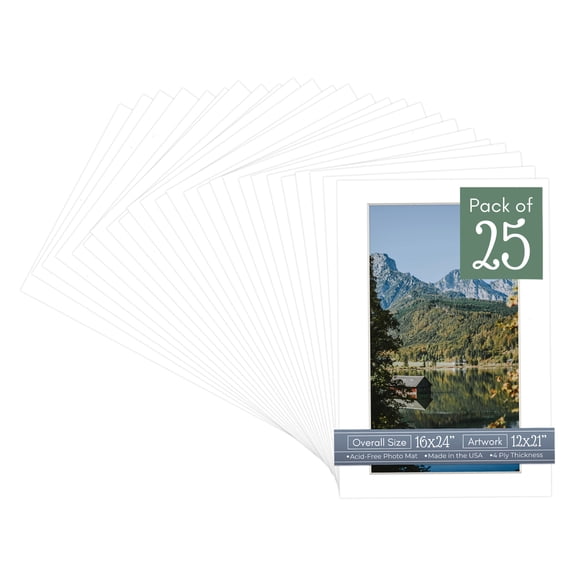 White Picture Frame Mat for 16x24 Frames - Fits 12x21 Photos - 25 Mats