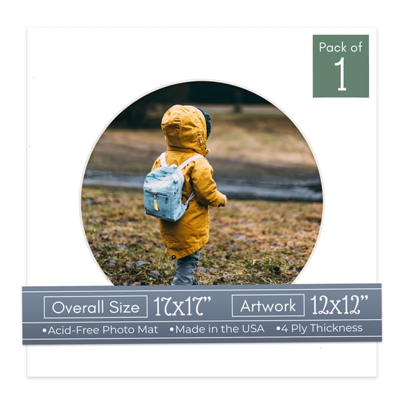 White Picture Frame Mat for 17x17 Frames - Circle Opening for 12x12 Photos - 1 Mat