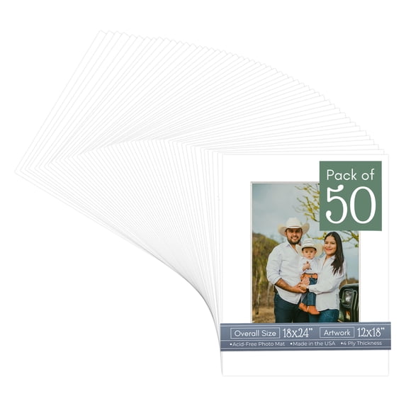 White Picture Frame Mat for 18x24 Frames - Fits 12x18 Photos - 50 Mats