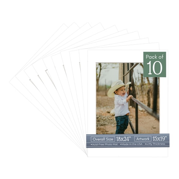 White Picture Frame Mat for 18x24 Frames - Fits 15x19 Photos - 10 Mats