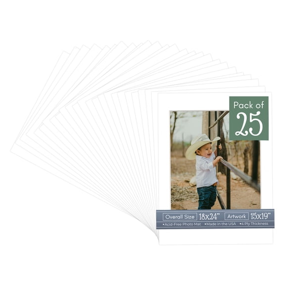 White Picture Frame Mat for 18x24 Frames - Fits 15x19 Photos - 25 Mats