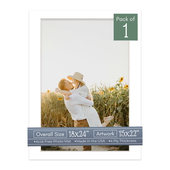 White Picture Frame Mat for 18x24 Frames - Fits 15x22 Photos - 1 Mat