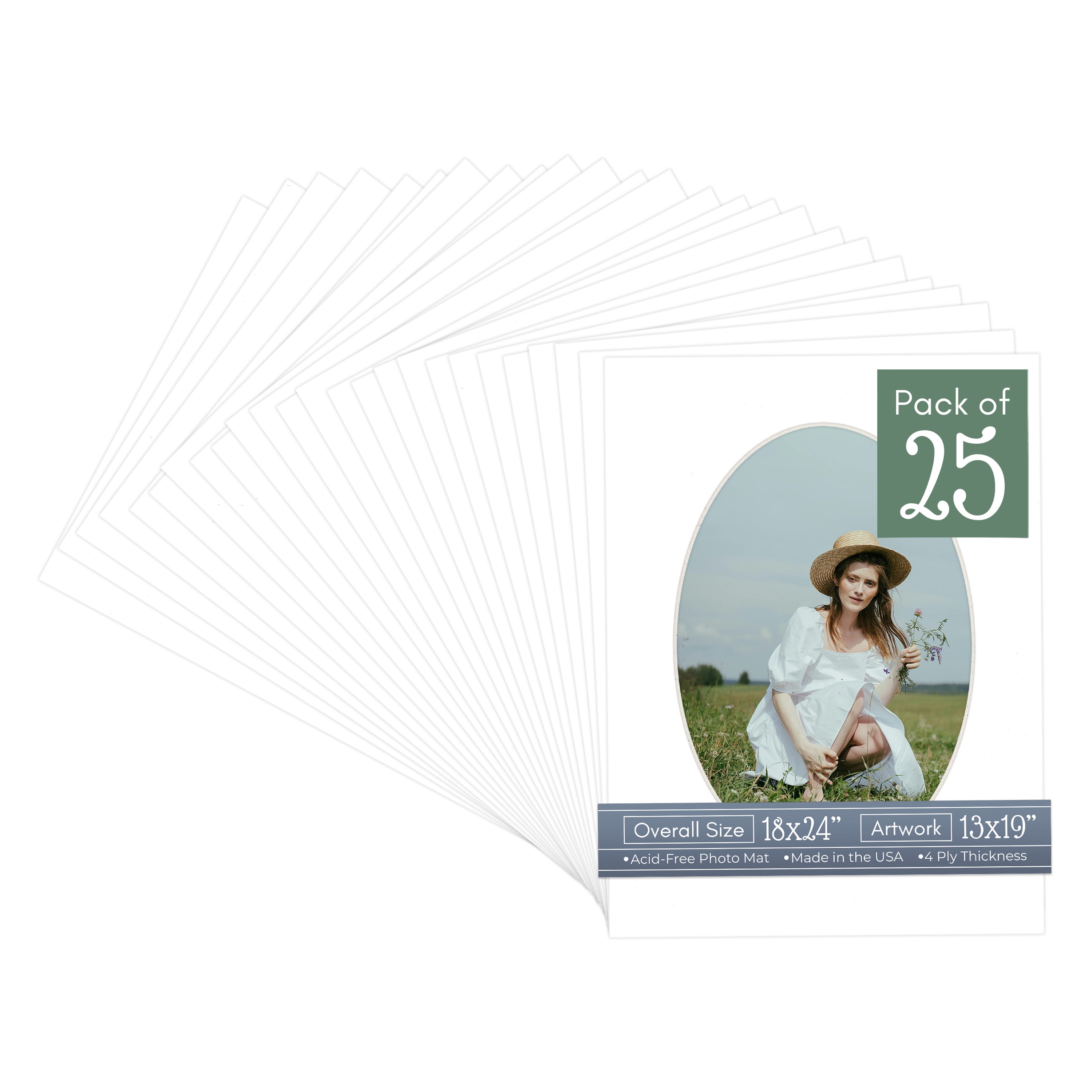 White Picture Frame Mat for 18x24 Frames - Oval Opening for 13x19 Photos - 25 Mats