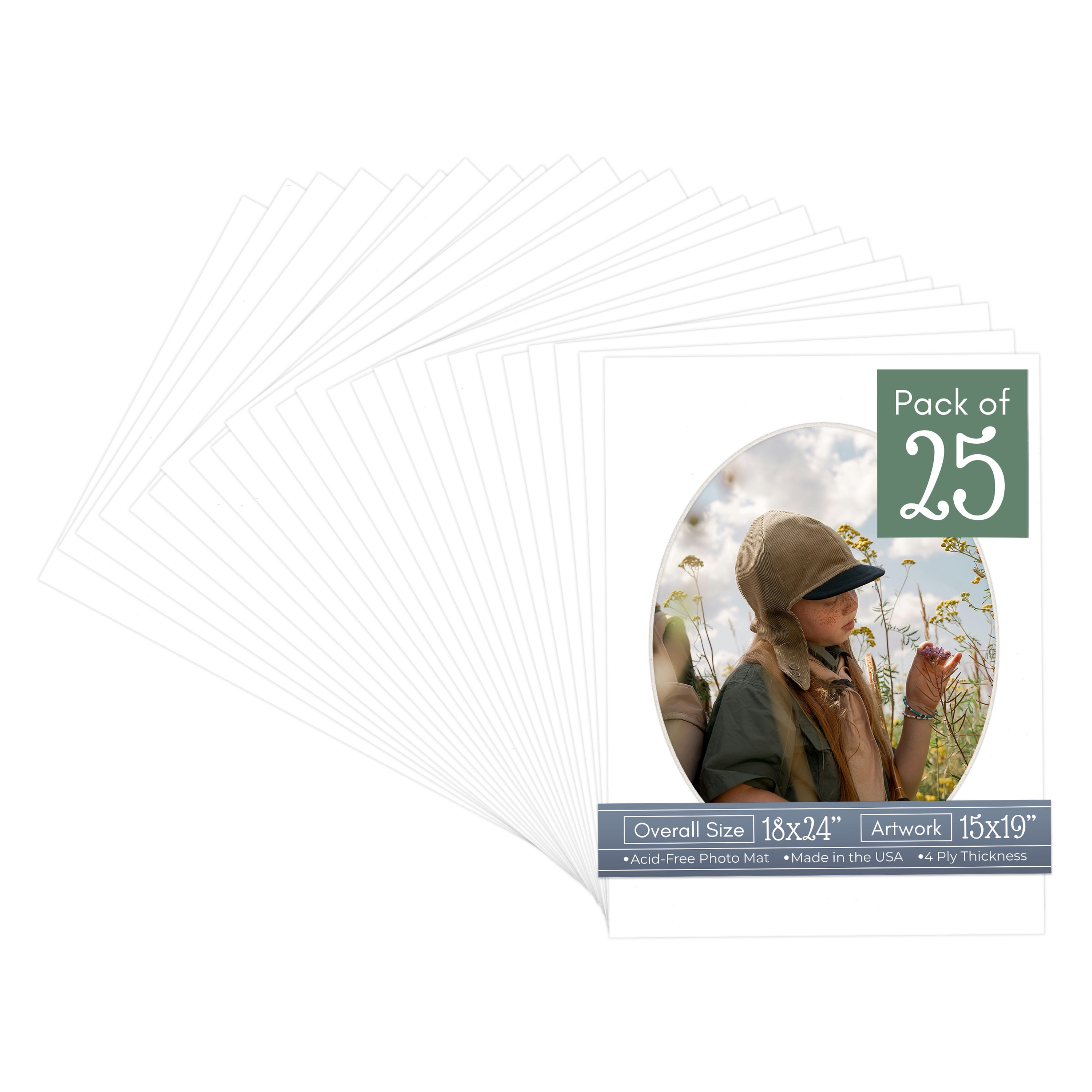 White Picture Frame Mat for 18x24 Frames - Oval Opening for 15x19 Photos - 25 Mats