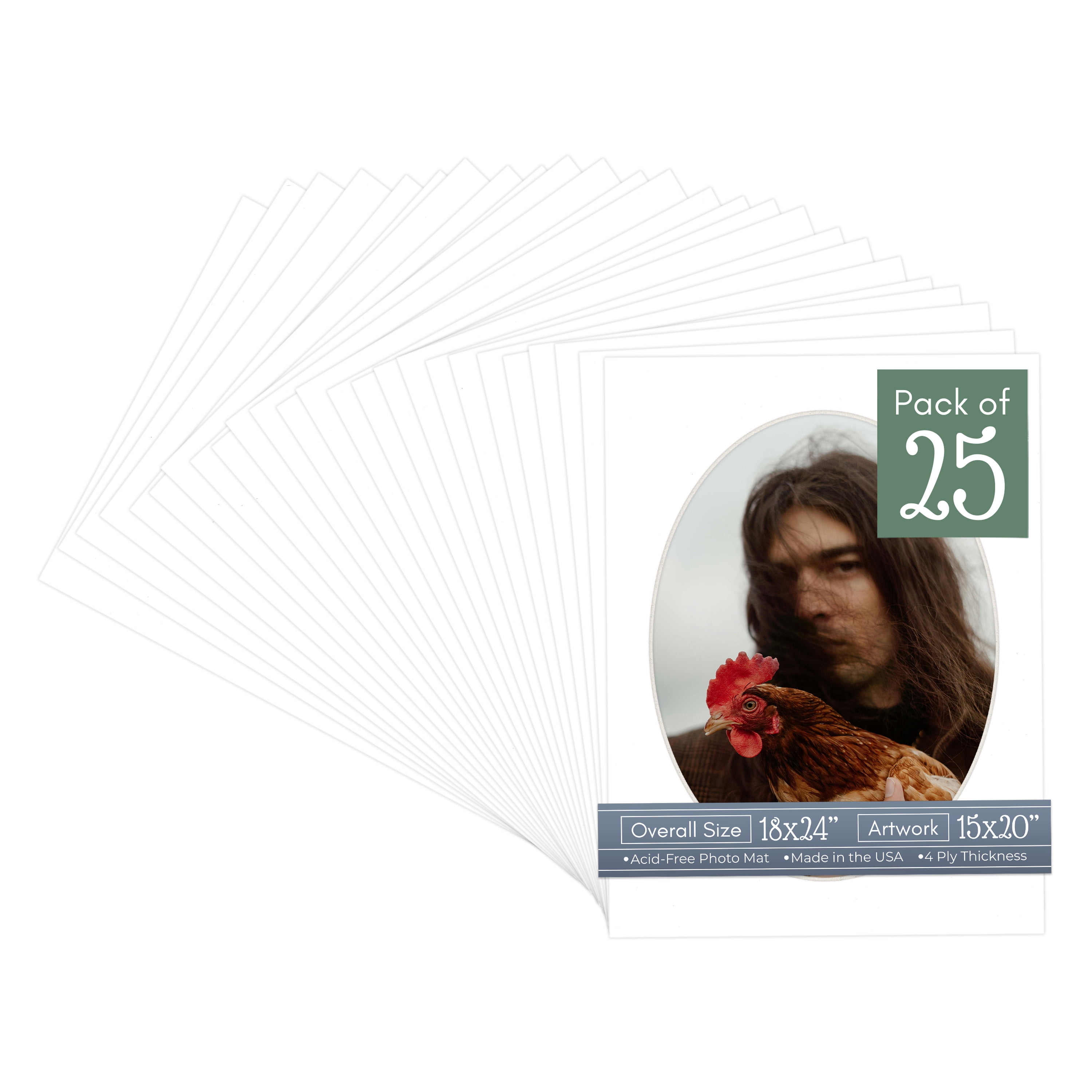 White Picture Frame Mat for 18x24 Frames - Oval Opening for 15x20 Photos - 25 Mats