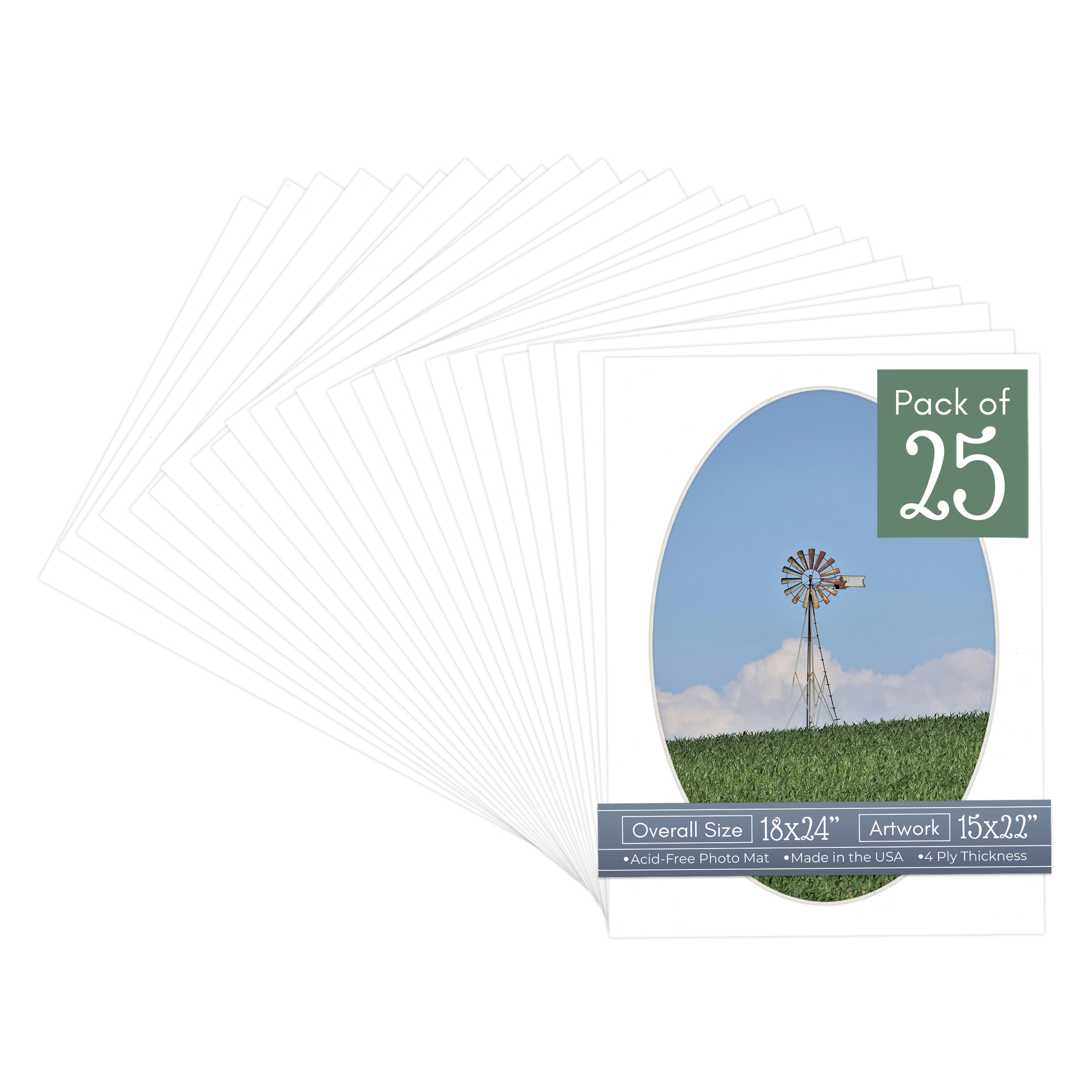 White Picture Frame Mat for 18x24 Frames - Oval Opening for 15x22 Photos - 25 Mats