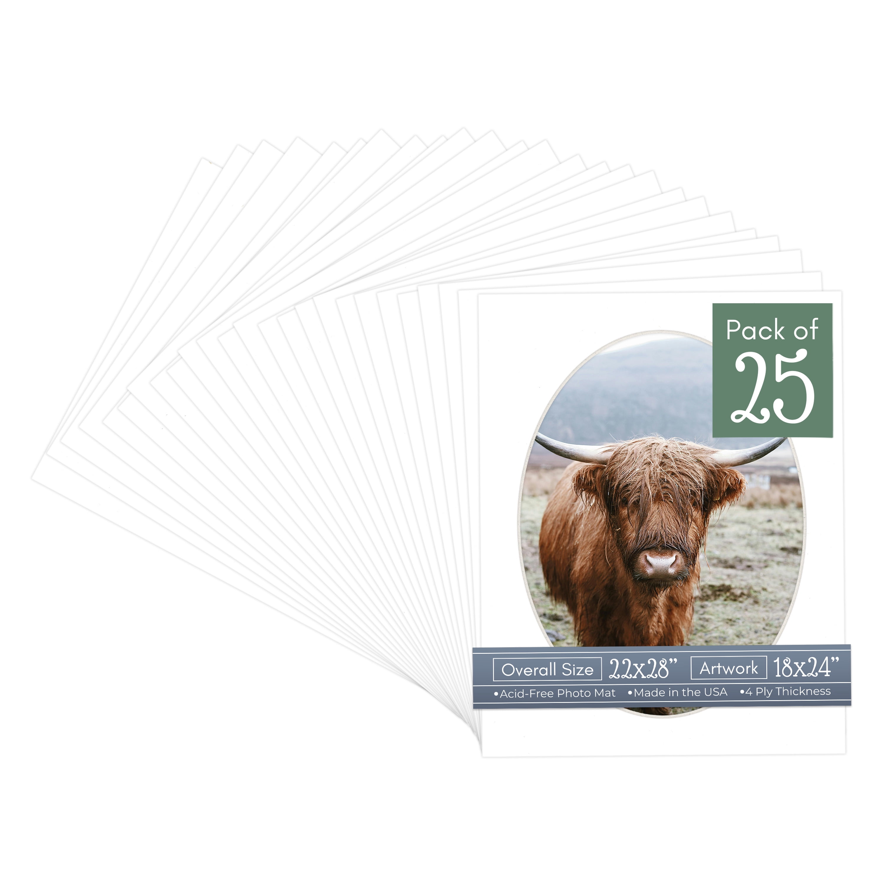 White Picture Frame Mat for 22x28 Frames - Oval Opening for 18x24 Photos - 25 Mats