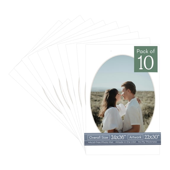 White Picture Frame Mat for 24x36 Frames - Oval Opening for 22x30 Photos - 10 Mats
