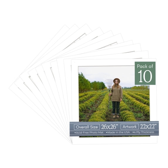 White Picture Frame Mat for 26x26 Frames - Fits 22x22 Photos - 10 Mats
