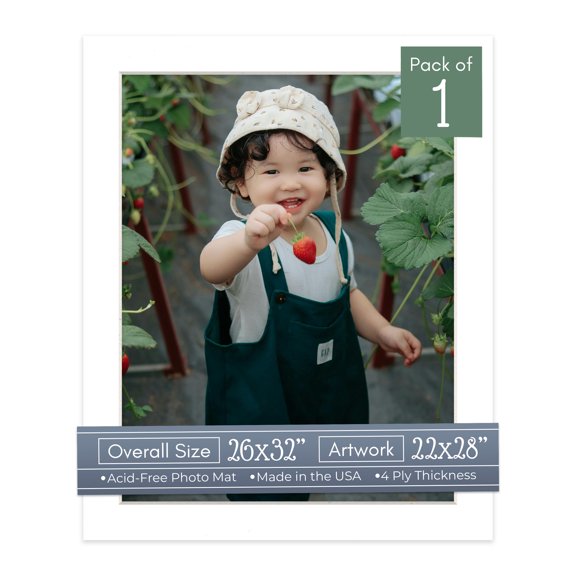 White Picture Frame Mat for 26x32 Frames - Fits 22x28 Photos - 1 Mat