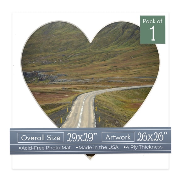 White Picture Frame Mat for 29x29 Frames - Heart Opening for 26x26 Photos - 1 Mat