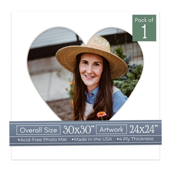 White Picture Frame Mat for 30x30 Frames - Heart Opening for 24x24 Photos - 1 Mat