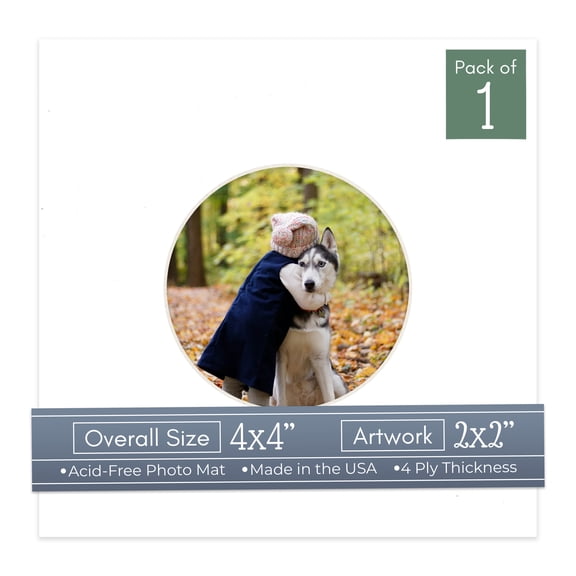 White Picture Frame Mat for 4x4 Inch Frames - Circle Opening for 2x2 Photos - 1 Mat