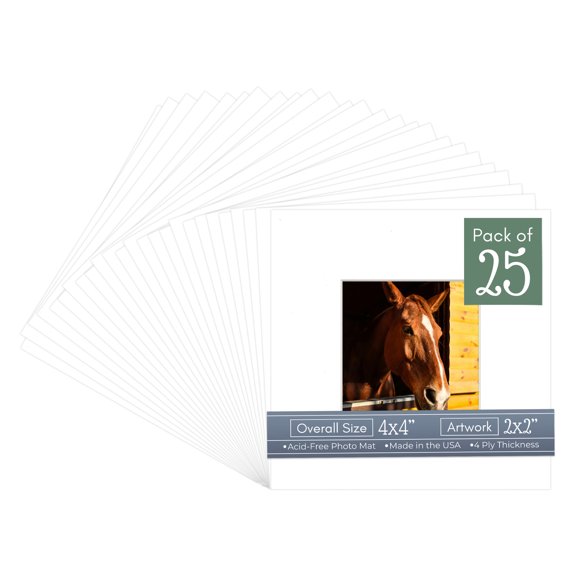 White Picture Frame Mat for 4x4 Inch Frames - Fits 2x2 Photos - 25 Mats