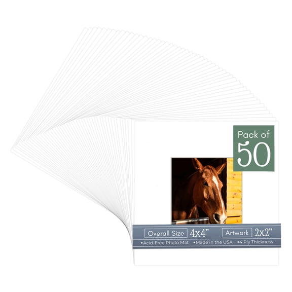 White Picture Frame Mat for 4x4 Inch Frames - Fits 2x2 Photos - 50 Mats