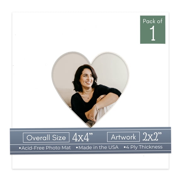 White Picture Frame Mat for 4x4 Inch Frames - Heart Opening for 2x2 Photos - 1 Mat