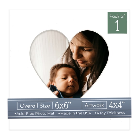 White Picture Frame Mat for 6x6 Frames - Heart Opening for 4x4 Photos - 1 Mat