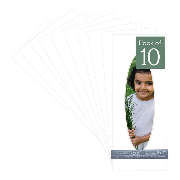 White Picture Frame Mat for 8x20 Frames - Oval Opening for 5x15 Photos - 10 Mats