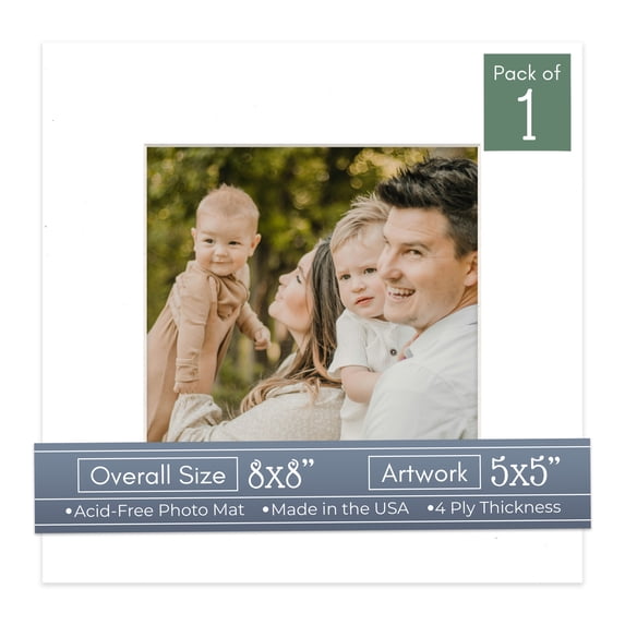 White Picture Frame Mat for 8x8 Frames - Fits 5x5 Photos - 1 Mat