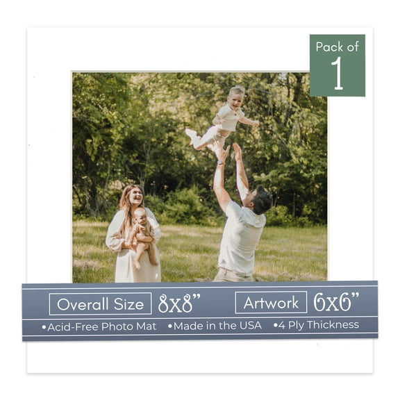 White Picture Frame Mat for 8x8 Frames - Fits 6x6 Photos - 1 Mat