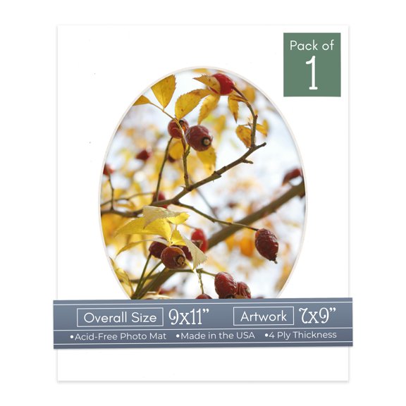 White Picture Frame Mat for 9x11 Frames - Oval Opening for 7x9 Photos - 1 Mat