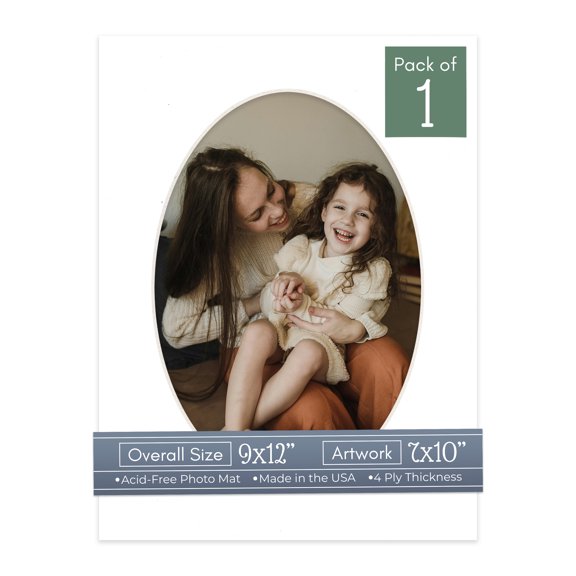 White Picture Frame Mat for 9x12 Frames - Oval Opening for 7x10 Photos - 1 Mat