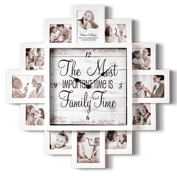 White Picture Frame Photo Collage Clock - 12 Slots, Farmhouse Wall Decor, Wall Clock for Living Room, Bedroom, Kitchen, Office (Family Time, 20"x20")