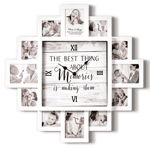 White Picture Frame Family Photo Collage Wall Clock - 12 Slots, Farmhouse Decor for Living Room, Entryway, Kitchen - Memories, 20x20 inch