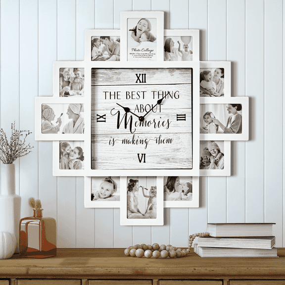 White Picture Frame Photo Collage Clock - 12 Slots, Farmhouse Wall Decor, Wall Clock for Living Room, Bedroom, Kitchen, Office (Memories, 20"x20")