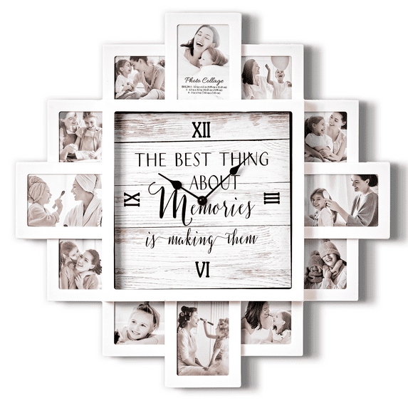 White Picture Frame Family Photo Collage Wall Clock - 12 Slots, Farmhouse Decor for Living Room, Entryway, Kitchen - Memories, 20x20 inch