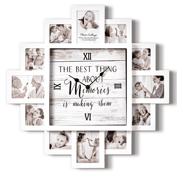 White Picture Frame Family Photo Collage Wall Clock - 12 Slots, Farmhouse Decor for Living Room, Entryway, Kitchen - Memories, 20x20 inch