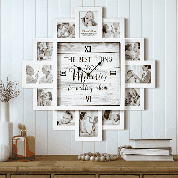 White Picture Frame Family Photo Collage Wall Clock - 12 Slots, Farmhouse Decor for Living Room, Entryway, Kitchen - Memories, 20x20 inch