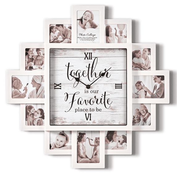 White Picture Frame 20x20 inch Family Photo Collage Clock - 12 Slots, Farmhouse Wall Decor for Living Room, Entryway, Kitchen - Together