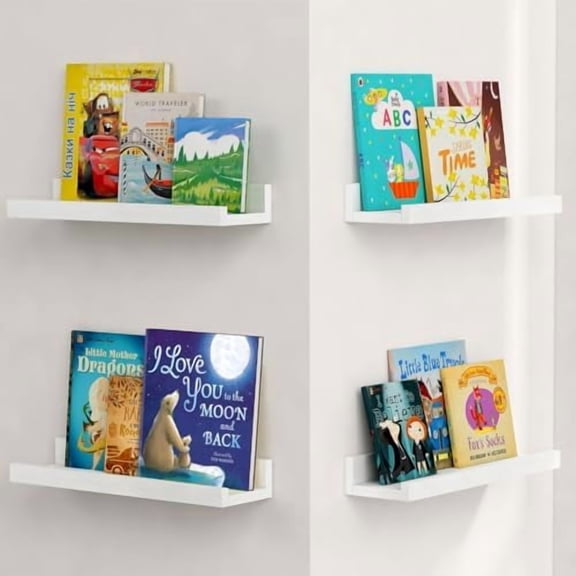 White Picture Ledge Shelf, Floating Shelves with Lip for Bedroom Books, Corner Nursery Book Shelves Wall Mounted for Small Spaces Office Baby Child Kids Room Art Decor (4-Pack, Real Wood)