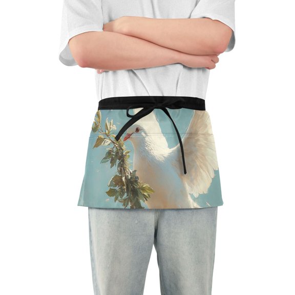 White Pigeon Holding Leaves Short Server Apron with 3 Pockets for Unisex Chef Gardening