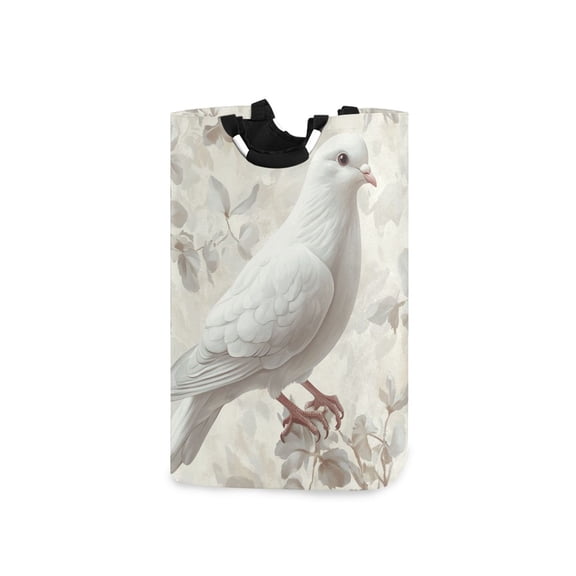 White Pigeon Standing on Flowers Laundry Basket with Handles Foldable Laundry Hamper Freestanding Washing Bin 50L