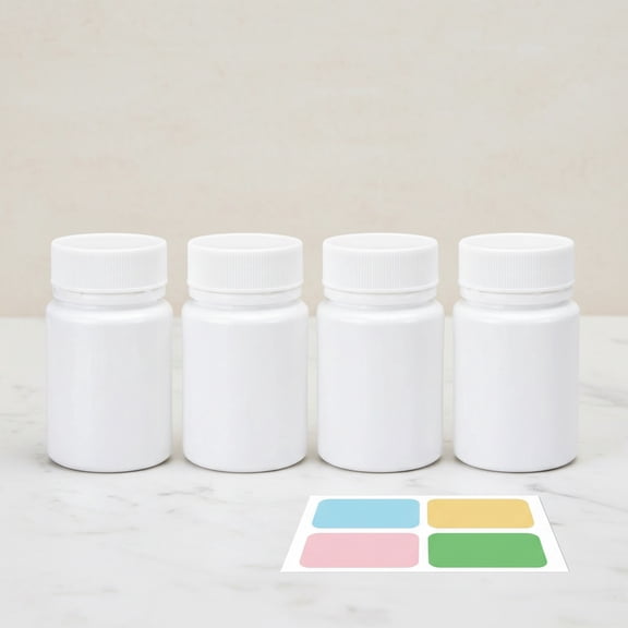 White Pill Bottle, Empty Bottles with Screw Caps for Pills Capsules Vitamins, Plastic Containers with Labels for Travel (4 Pcs)