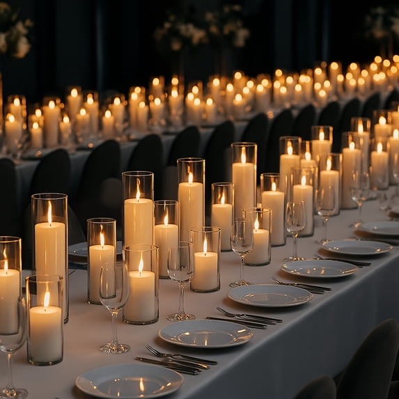 Translucent Privacy Glass White Pillar Candles with Clear Glass Hurricane Holders- Elegant ...