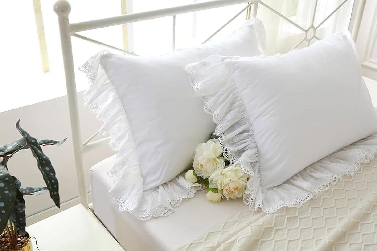 White Pillow Shams with Lace Ruffles Vintage Shabby Chic Pillowcases Pillow Covers Cotton King Size 20"X36" Luxury Elegant 2-Pack