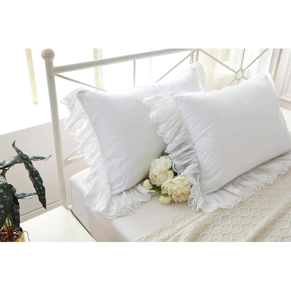 White Pillow Shams with Lace Ruffles Vintage Shabby Chic Pillowcases Pillow Covers Cotton King Size 20"X36" Luxury Elegant 2-Pack